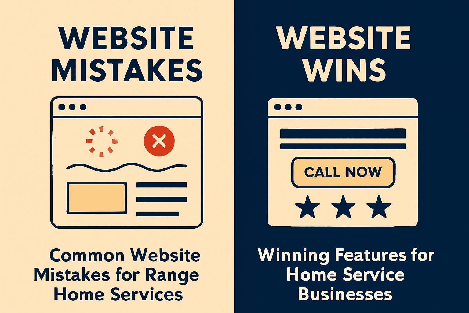 Infographic comparing common website mistakes versus winning features for range home services companies, showing slow sites versus lead-generating designs